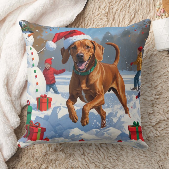 Vizsla springar i snö med julhatt kudde (Filt)