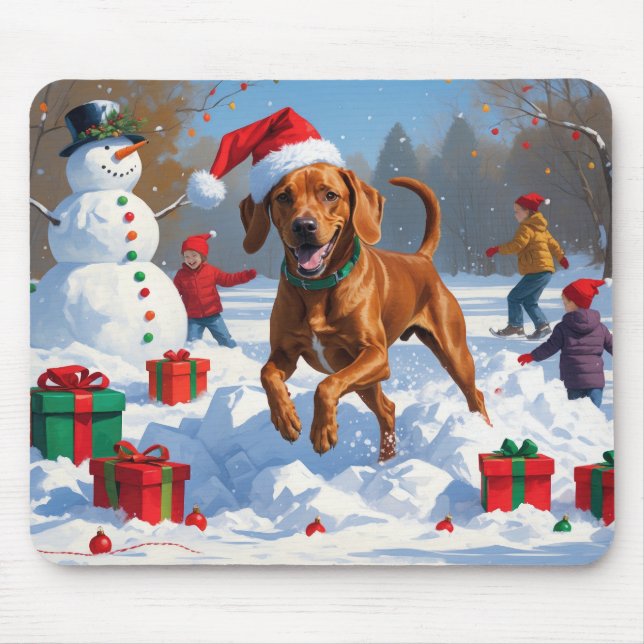 Vizsla springar i snö med julhatt musmatta (Framsidan)