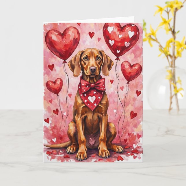 Vizsla Valentine Dog Sitting with Hearts Red Kort (Gul blomma)