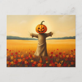 Vogelscheuche mit Kürbiskopf im Herbst Laub Vykort