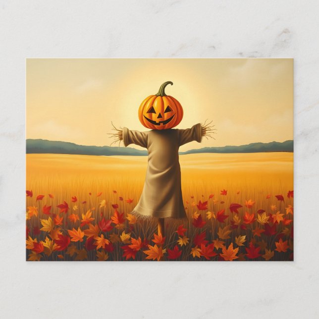 Vogelscheuche mit Kürbiskopf im Herbst Laub Vykort (Framsida)