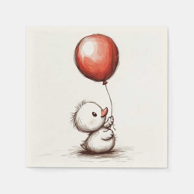 Voggrann fluffy Duckling med Red Balloon Papper Pappersservett (Framsidan)