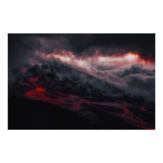Volcanic Eruption Lava Rivers Night Landscape Fototryck