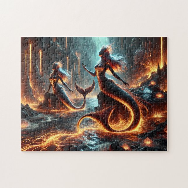 Volcanic Mermaid Lava Ocean Fantasy Art Pussel (Horisontell)