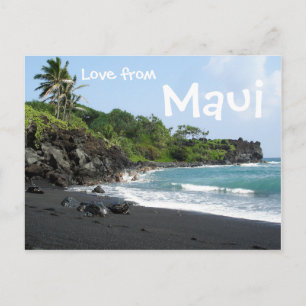 Volcanics svarta sandstrand på Maui text vycard Vykort