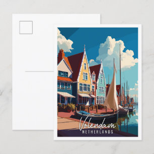 Volendam Netherlands vintage resor illustration Vykort
