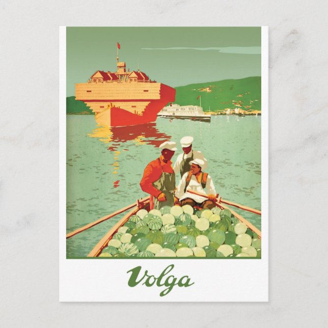 Volga, segelbåtar och vattenmelonhandlare vykort (Framsida)