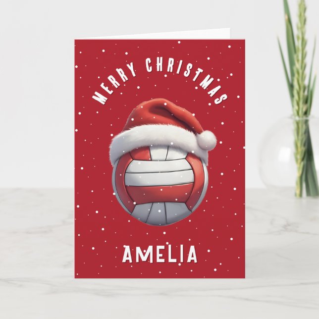 Volleyball Ball with Red Santa Hat Name Christmas Helgkort (Framsida)