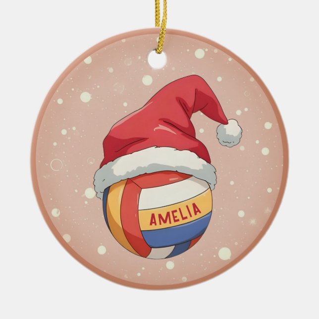Volleyball Ball with Red Santa Hat Name Christmas Julgransprydnad Keramik (Framsidan)