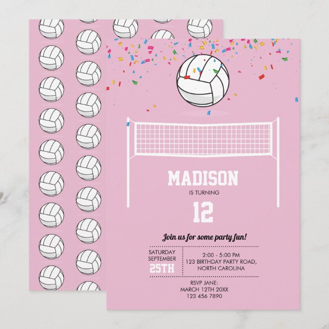 Volleyball Boll & Net Rosa Girl Girl Födelsedagsfe Inbjudningar (Fram/baksida)