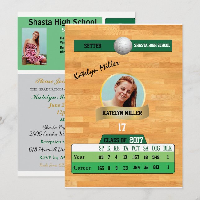 Volleyball Card W/ Stats Grad-inbjudningar - grönt Inbjudningar (Fram/baksida)