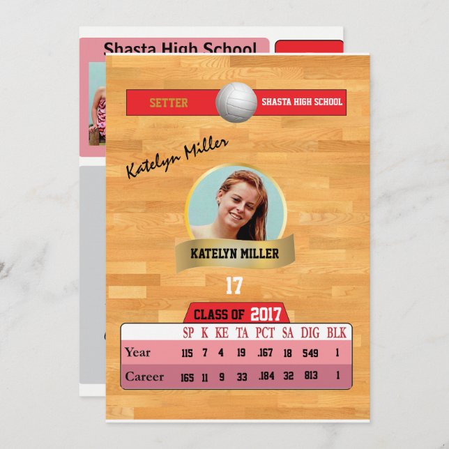 Volleyball Card W/ Stats Grad-inbjudningar - rött Inbjudningar (Fram/baksida)