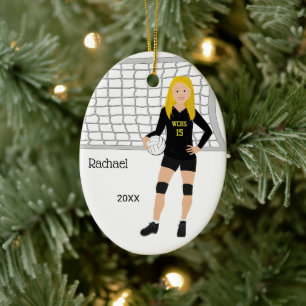 Volleyball Female Blond Hair i svart och Guld Julgransprydnad Keramik