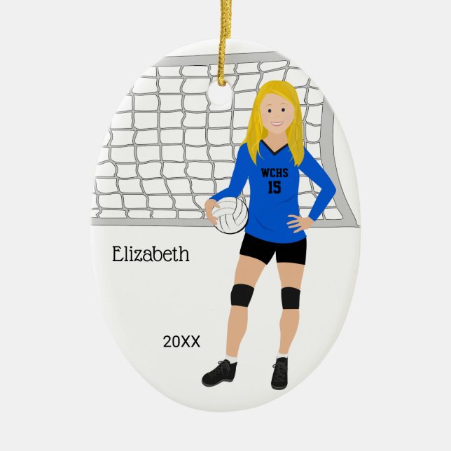Volleyball Female Blonde Blue & Black Julgransprydnad Keramik (Framsidan)
