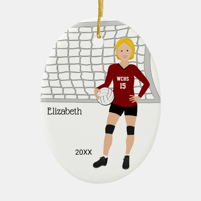Volleyball Female Blonde Hair Red & Black Julgransprydnad Keramik (Framsidan)