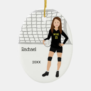 Volleyball Female Brown Hair i svart och Guld Julgransprydnad Keramik
