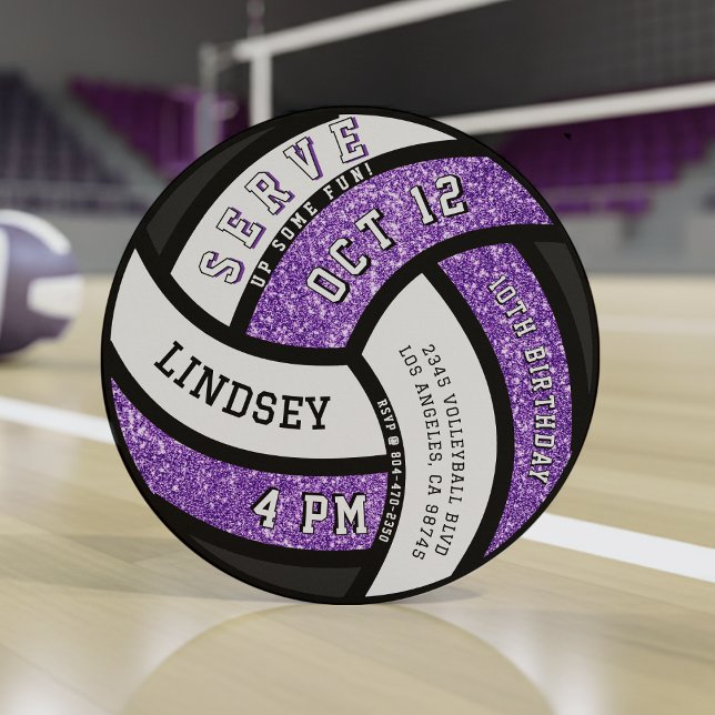 Volleyball Födelsedagsfest Lila Glitter Inbjudningar (Volleyball Birthday Party Purple Glitter Invitation
)