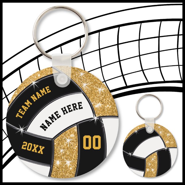 Volleyball-gåvor med svart och Guld Billigt 4 text Nyckelring (Personalized Volleyball Keychains. Volleyball Souvenirs. Black, Gold, White, Volleyball Party Favors)