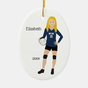 Volleyball Girl Blonde Mörk blått & Black Julgransprydnad Keramik