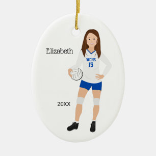 Volleyball Girl Brunette Blue & White Julgransprydnad Keramik