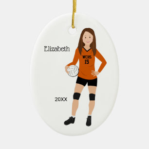 Volleyball Girl Brunette Orange & Black Julgransprydnad Keramik