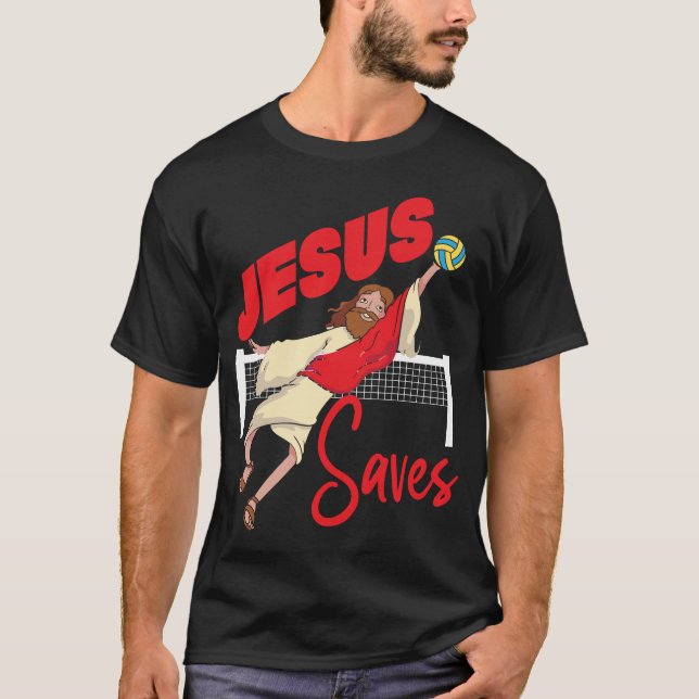 Volleyball Jesus Saves Jesus Christian T Shirt (Framsida)