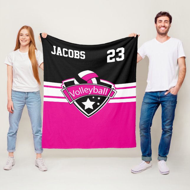 Volleyball-Logotyp i Shock rosa, vit och svart Fleecefilt (På plats)