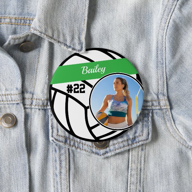 Volleyball Pin Name & Number Green Photo Button Knapp (In Situ)