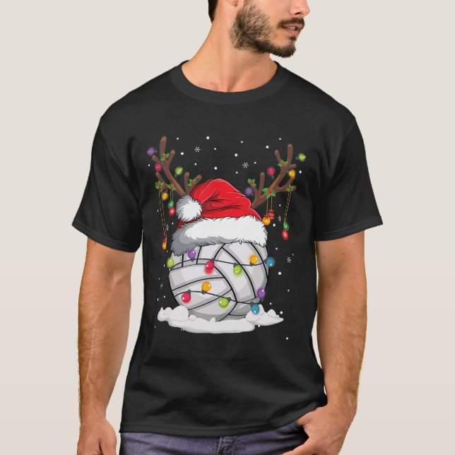 Volleyball Santa Hat Reindeer jul Ljus Roligt T Shirt (Framsida)