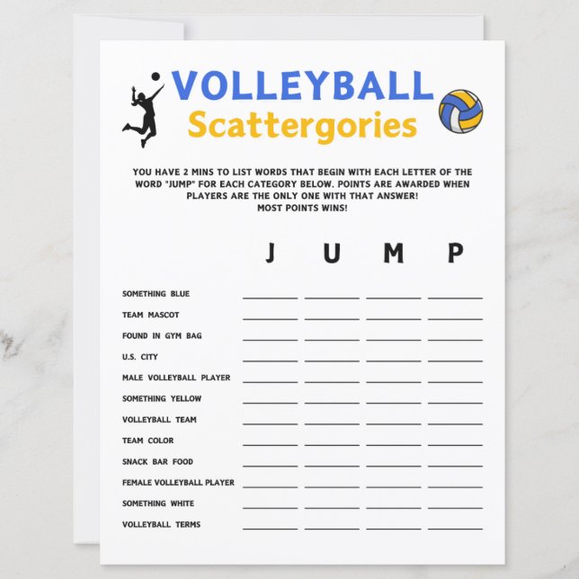 Volleyball Scattergories-spel (Framsida)