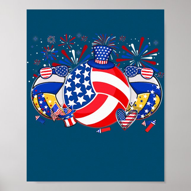 Volleyball USA Flag Hat Fireworks Patriotic 4th Poster (Framsidan)