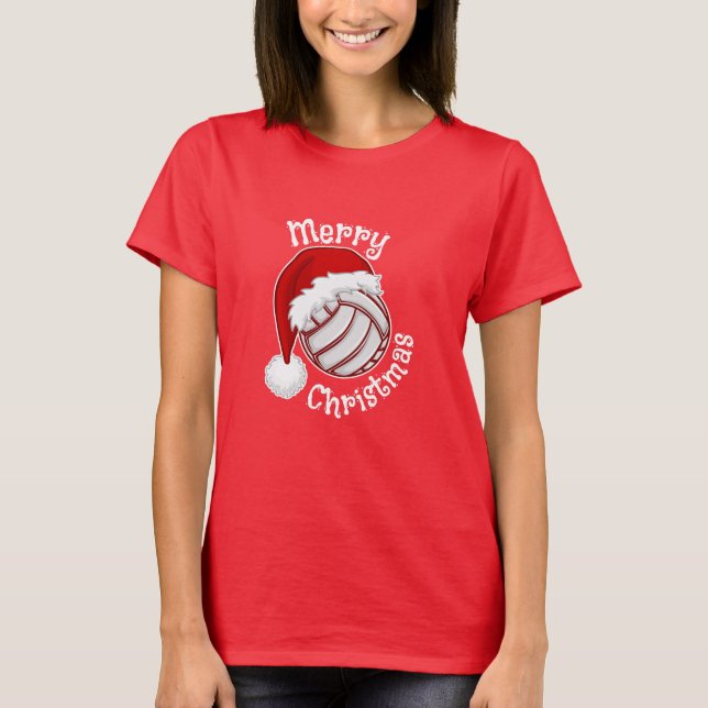 Volleyball with Santa hat Funny Christmas print T Shirt (Framsida)