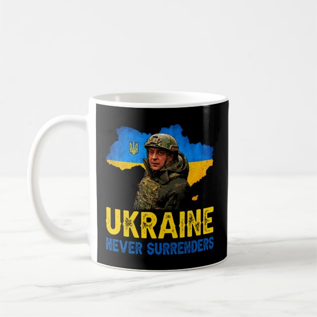 Volodymyr Zelensky Ukraina ger aldrig sitt stöd Kaffemugg (Vänster)
