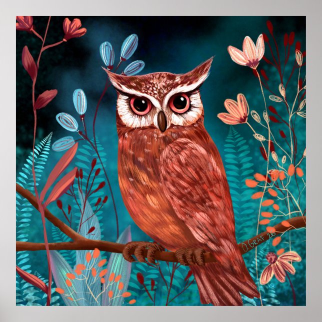 Vom Künstler handillustrierte Eule – Boho Natur Poster (Framsidan)