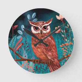 Vom Künstler handillustrierte Eule – Boho Natur Rund Klocka