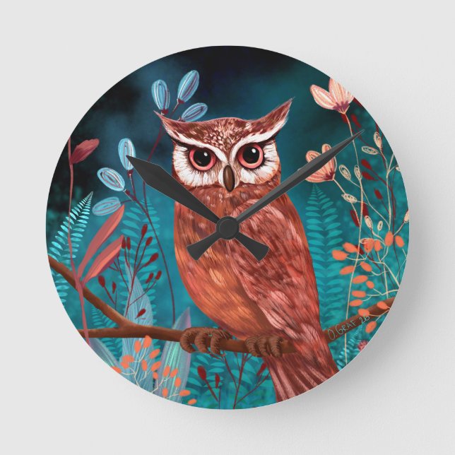 Vom Künstler handillustrierte Eule – Boho Natur Rund Klocka (Framsida)