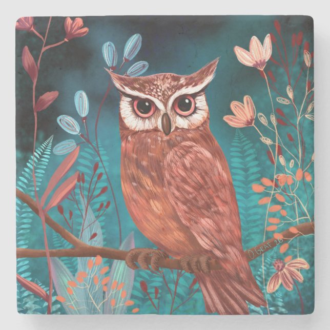 Vom Künstler handillustrierte Eule – Boho Natur Stenunderlägg (Framsidan)
