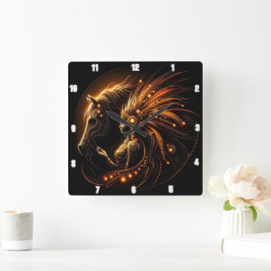 Vomanska och hästar i Glowing Art. Fyrkantig Klocka