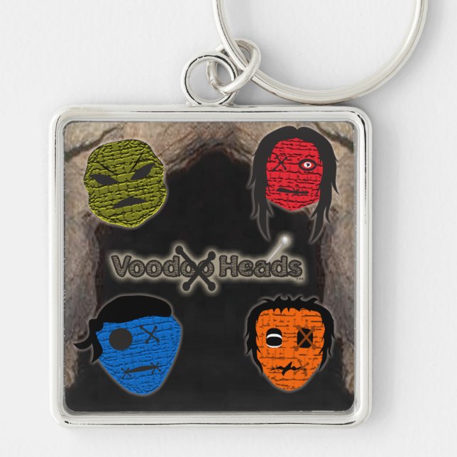 Voodoo Head ~ Cave Fyrkantig Silverfärgad Nyckelring (Framsidan)