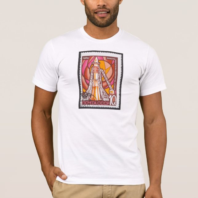 Vostok rymdskepp på det LaunchpadUSSR frimärket T Shirt (Framsida)