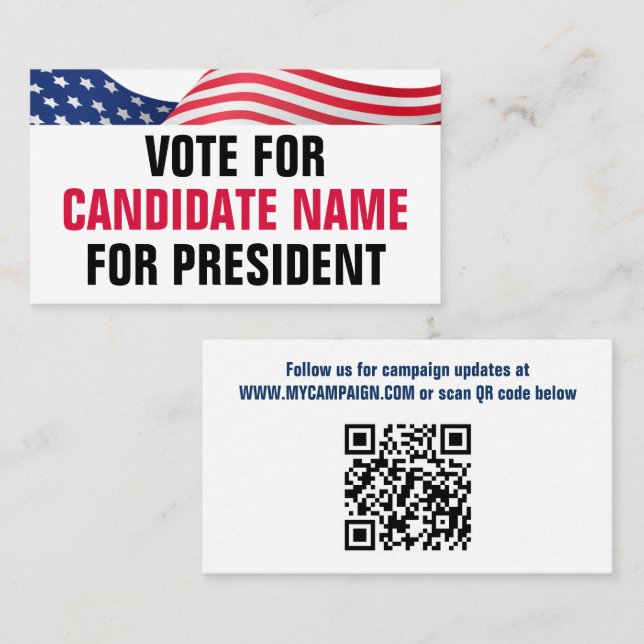 Vote For Candidate American Flag Patriotic QR Code Visitkort (Fram/baksida)