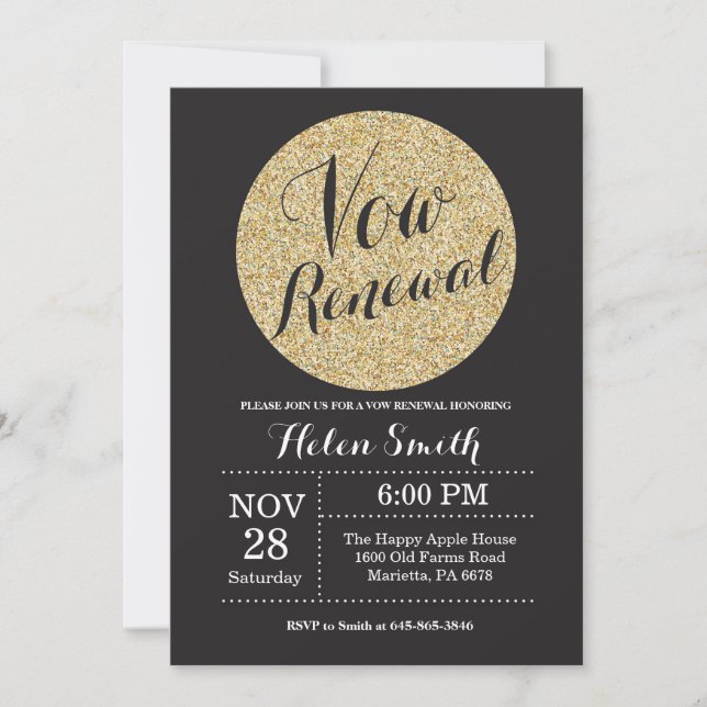 Vow Renewal Black and Guld Glitter inbjudan (Framsida)