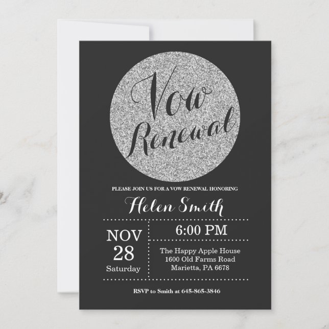 Vow Renewal Black and Silver Glitter inbjudan (Framsida)