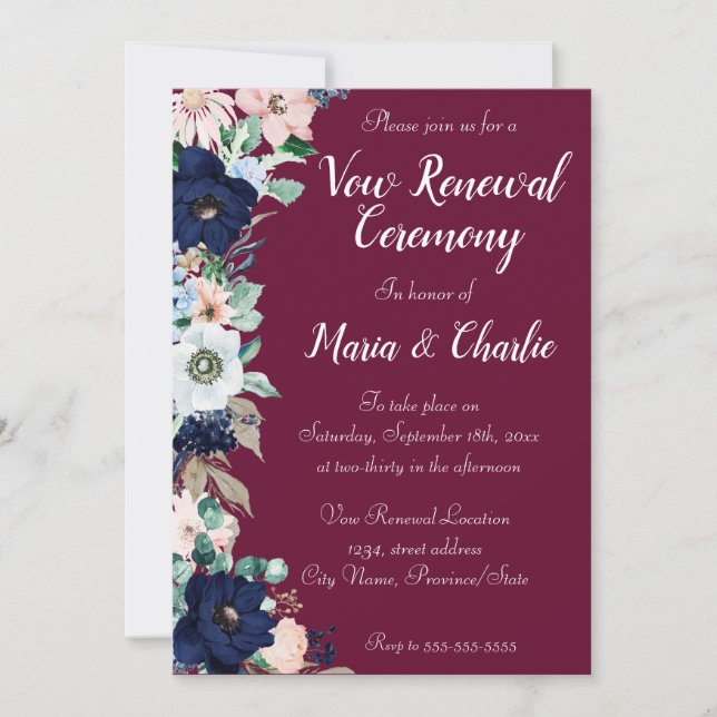 Vow Renewal Ceremony Elegant Blommigts Burgundy Inbjudningar (Framsida)