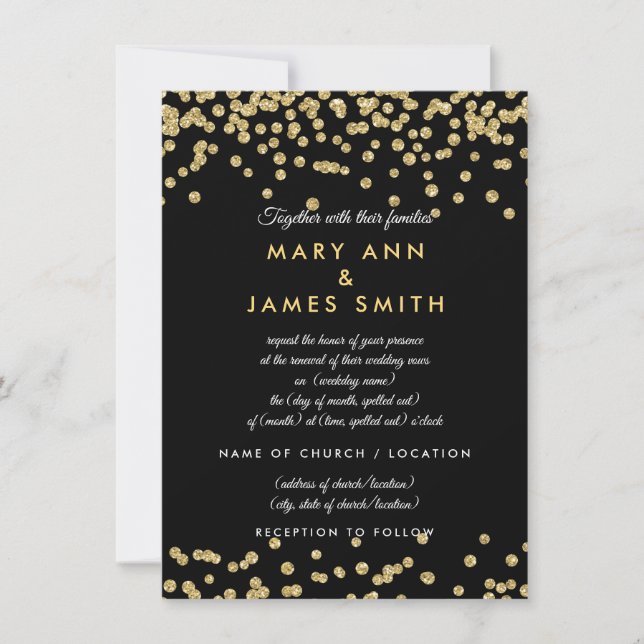 Vow Renewal Guld Faux Glitter Confetti Black Inbjudningar (Framsida)