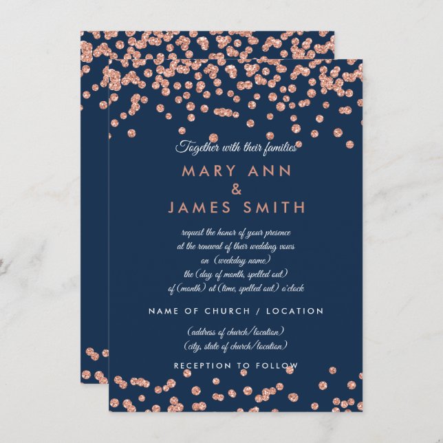 Vow Renewal Ro Guld Faux Glitter Confetti Navy Inbjudningar (Fram/baksida)