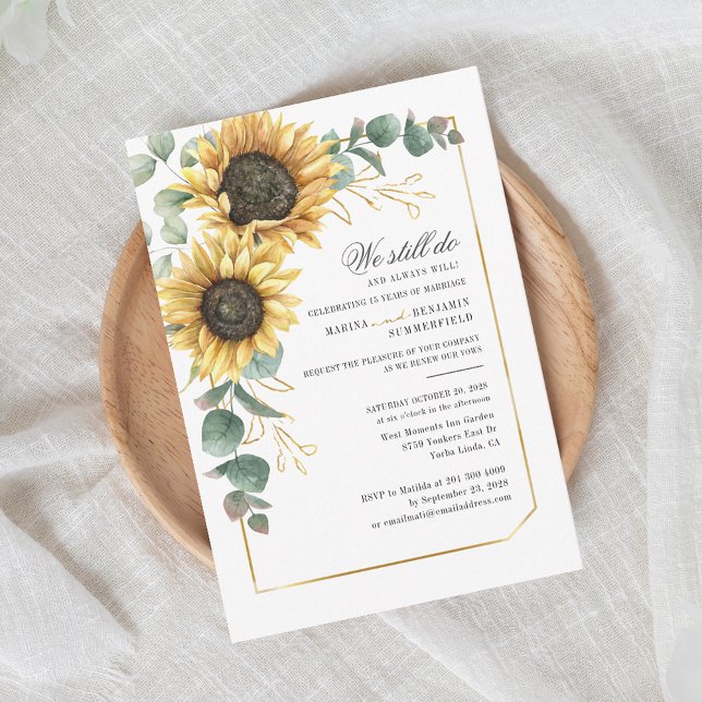 Vow Renewal Solros Eucalyptus Greenery Script Inbjudningar (Watercolor Floral Sunflower Rustic Wedding Anniversary Invitation)