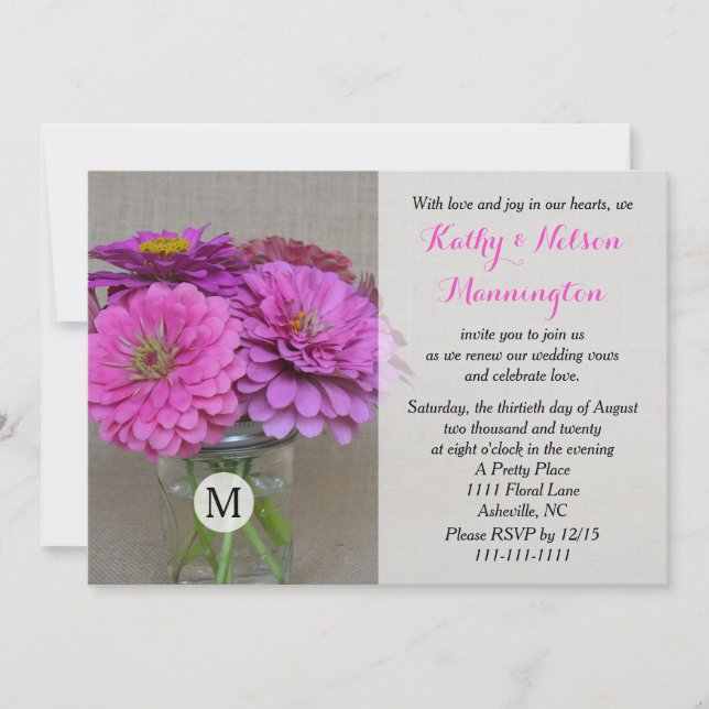 Vow Renewal Zinnias i Masson Burk på Burlap Inbjudningar (Framsida)