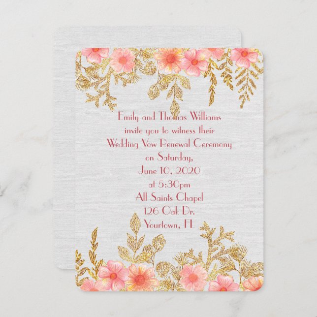 Vow Renewalpink blommigt och guld löv gräns gräns Inbjudningar (Fram/baksida)