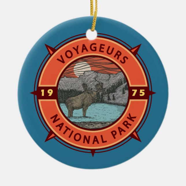 Voyageurs nationalpark Moose Retro Compass Emblem Julgransprydnad Keramik (Framsidan)